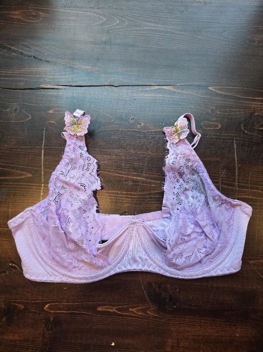 Lavender Floral Lace Underwire Bra - Butterfly Appliqué Straps - Size Small -